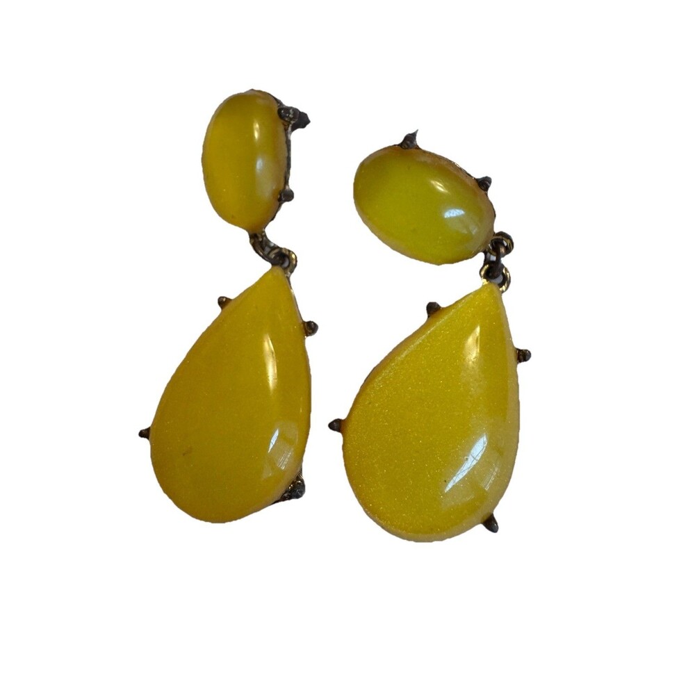 Vintage Mismatched Yellow Cabochon Drop Earrings Antiqued Gold Tone